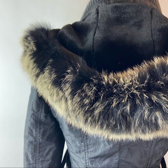 Laundry Shelli Segal Small Genuine Fox Fur Hood Black Zip Up Belted Jacket Coat - Picture 7 of 12